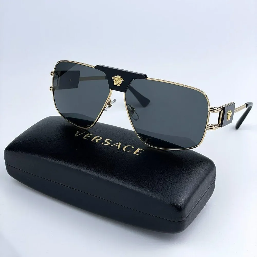 NEW Versace VE2251 100287 Gold Dark Grey Metal Pilot Men Sunglasses